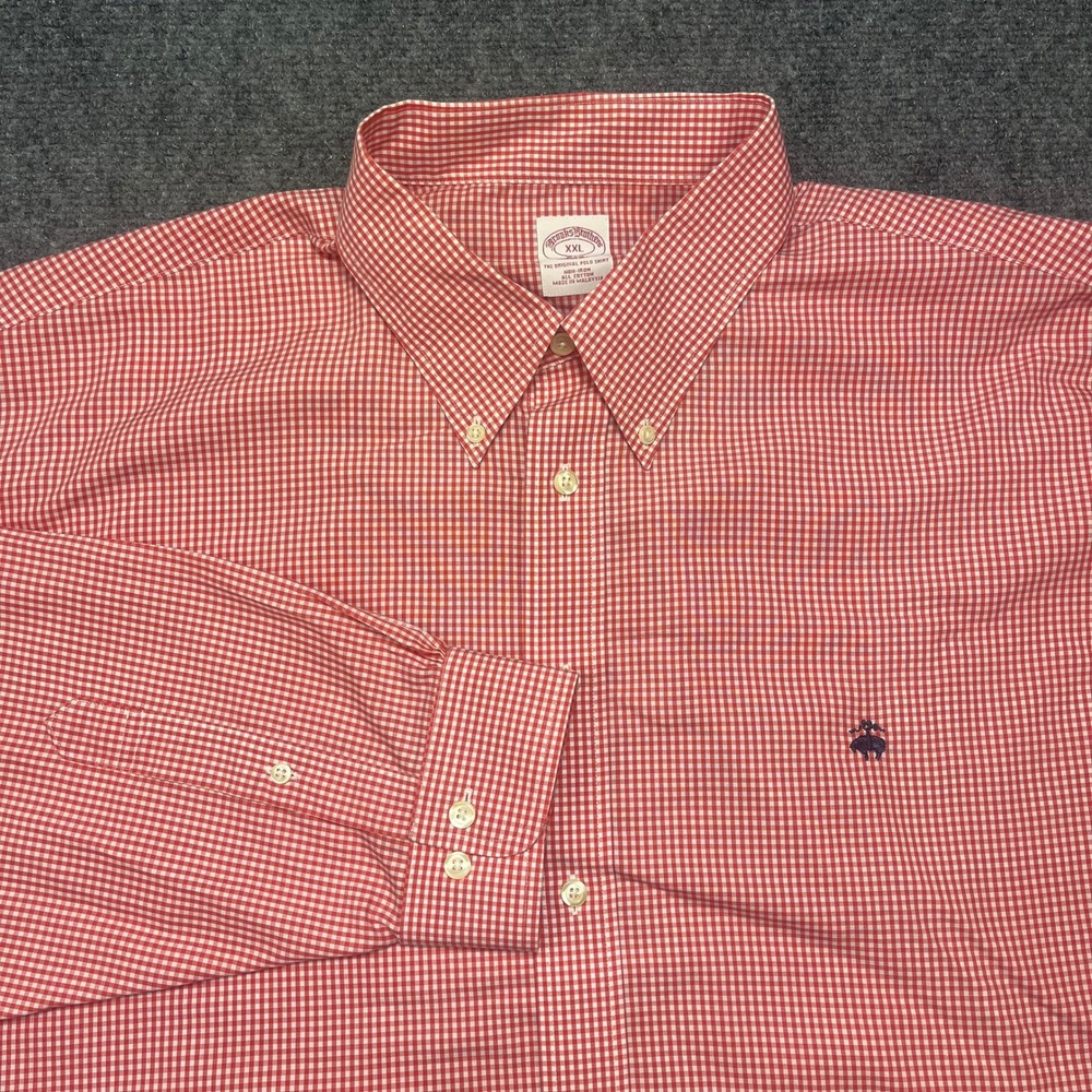 Brooks Brothers 346 Men XXL Red Gingham Non-Iron Cotton Button Down Shirt Oxford